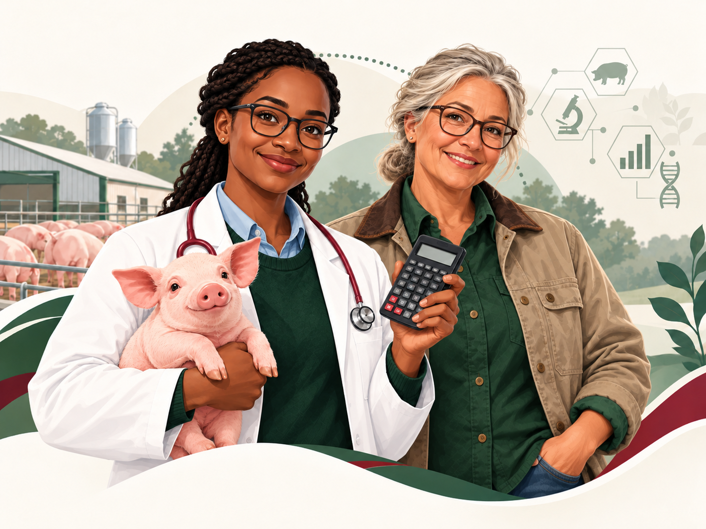 Vétérinaire et productrice porcine avec un porcelet et une calculatrice